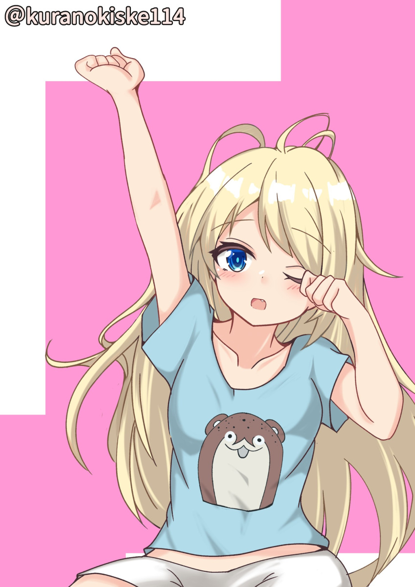 1girl, arm_up, blonde_hair, blue_eyes, blue_shirt, bokukawauso, highres, jervis_(kancolle)