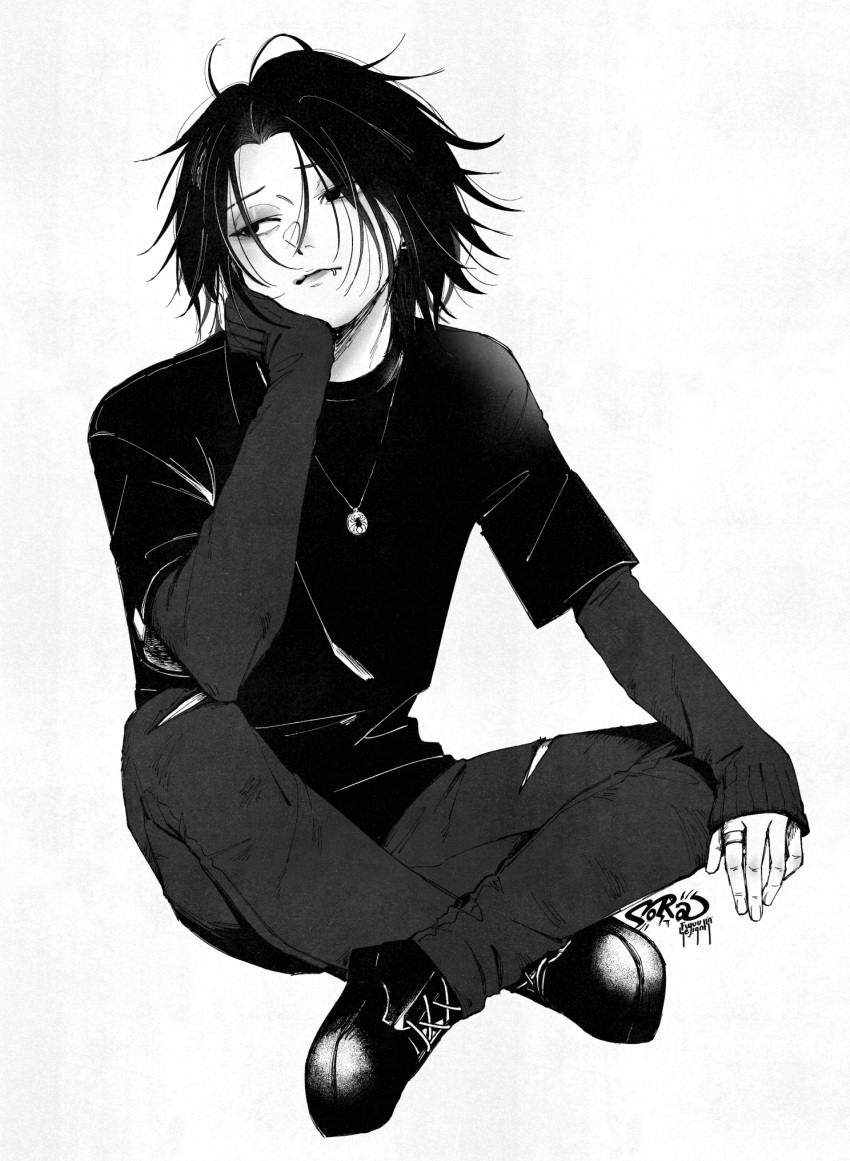 1boy, alternate_costume, crossed_legs, elbow_rest, eyeshadow, feitan_portor, full_body, greyscale, highres, hunter_x_hunter, jewelry, lip_piercing, long_sleeves, looking_to_the_side, makeup, male_focus, monochrome, necklace, nora_gates, pants, parted_bangs, piercing, ring, shirt, short_hair, sleeves_past_wrists, solo, torn_clothes, torn_pants
