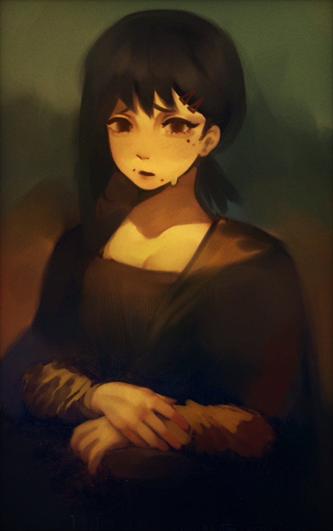 1girl, black_hair, brown_dress, burgertingz, chainsaw_man, dress, fine_art_parody, hair_ornament, hairclip, higashiyama_kobeni, highres, long_sleeves, looking_at_viewer, mole, mole_on_cheek, mole_under_eye, mona_lisa, open_mouth, parody, short_hair, short_ponytail, single_sidelock, solo, sweatdrop