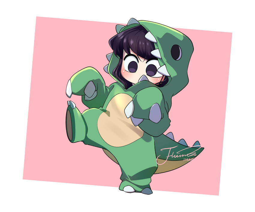 1girl, absurdres, animal_costume, artist_name, black_eyes, black_hair, dinosaur_costume, dinosaur_hood, dinosaur_tail, full_body, hands_up, highres, j_humbo, komi-san_wa_komyushou_desu, komi_shouko, signature, solo, tail