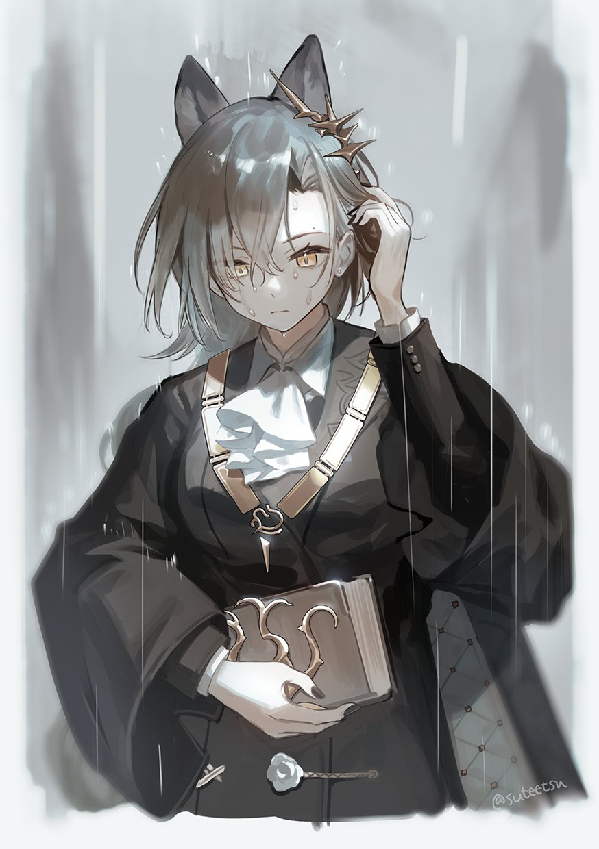 1girl, animal_ears, arknights, ascot, aynoh, black_coat, black_jacket, black_nails