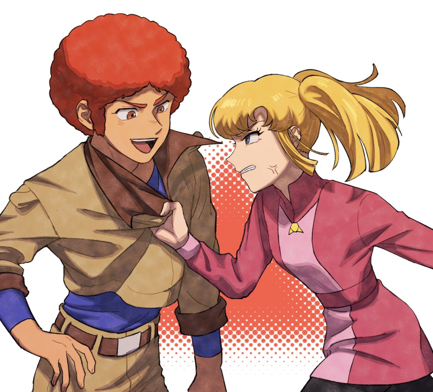 1boy, 1girl, afro, anger_vein, angry, belt, blonde_hair, blue_eyes