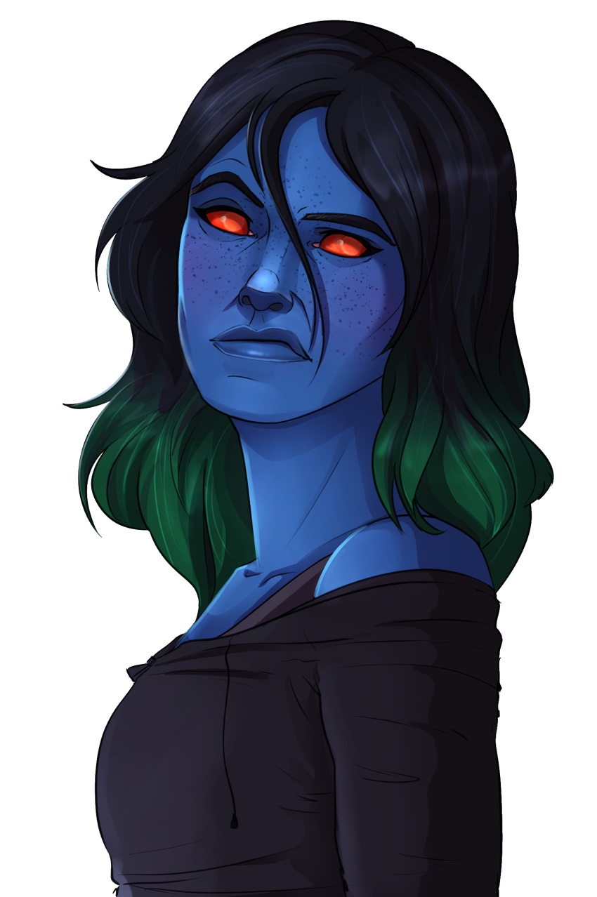 1girl, absurdres, alien, black_hair, black_shirt, blue_skin, chiss, colored_skin, freckles, green_hair, highres, looking_at_viewer, medium_hair, multicolored_hair, red_eyes, shirt, simple_background, solo, star_wars, star_wars:_the_old_republic, thegarbagechute, two-tone_hair, upper_body, white_background