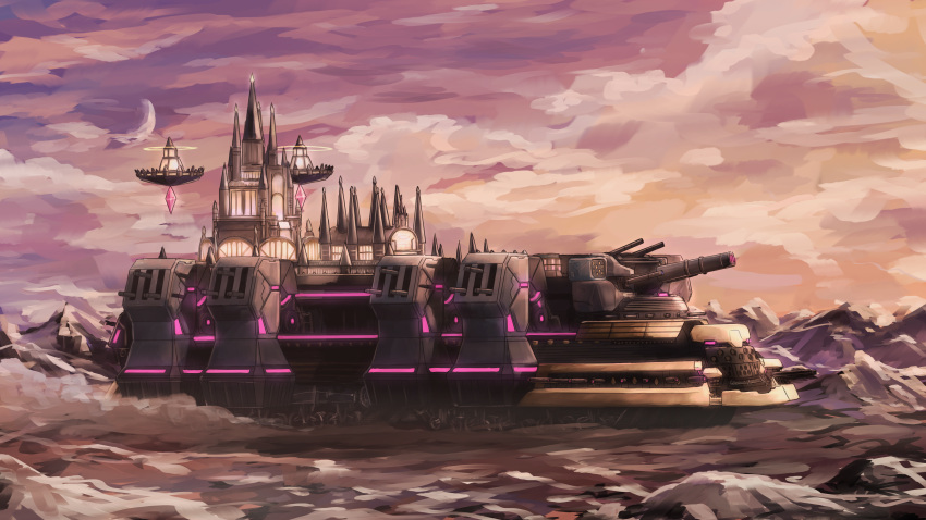 absurdres, building, cannon, caterpillar_tracks, clouds, cloudy_sky, commission, commissioner_upload, crescent_moon, duel_monster, dust, floating, floating_object, goldilocks_the_battle_landscraper, highres, landscape, landship, mechanical_legs, missile_pod, moon, mountain, no_humans, palace, pixiv_commission, rocket_launcher, rokubotei_ayagiri, sky, spire, vehicle_focus, wasteland, weapon, yu-gi-oh!