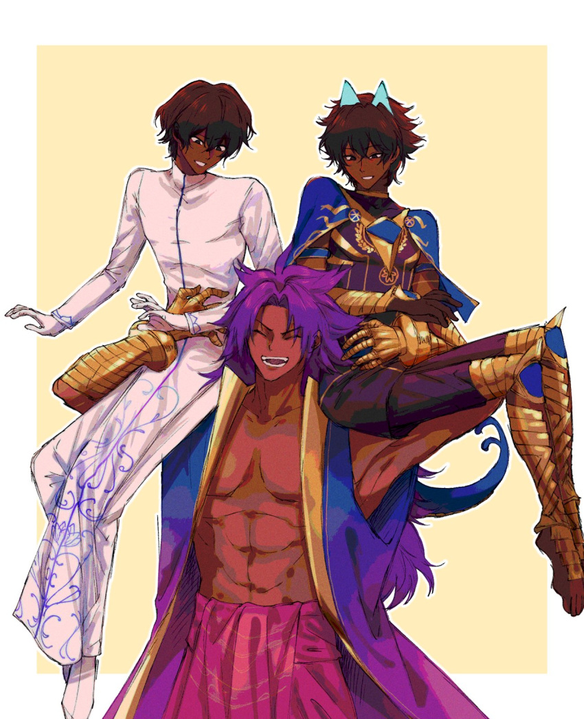 3boys, arjuna_(fate), arjuna_alter_(fate), armlet, bare_pectorals, bhima_(fate), blue_capelet, blue_horns