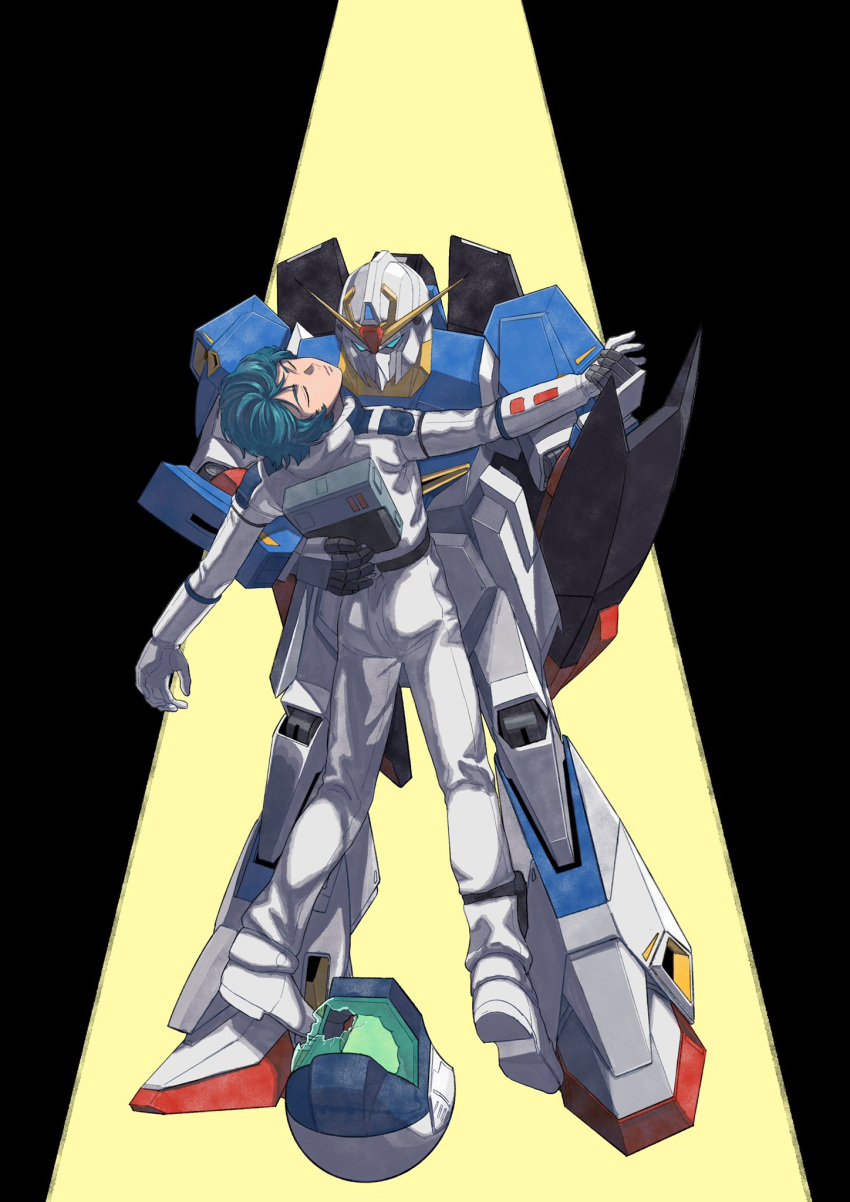 1boy, blue_eyes, bodysuit, broken_glass, closed_eyes, closed_mouth, commentary, fainted, full_body, glass, green_hair, gundam, highres, kamille_bidan, kogetoriten_999, mecha, mobile_suit, pilot_helmet, pilot_suit, robot, short_hair, spotlight, standing, symbol-only_commentary, unconscious, v-fin, white_bodysuit, zeta_gundam, zeta_gundam_(mobile_suit)