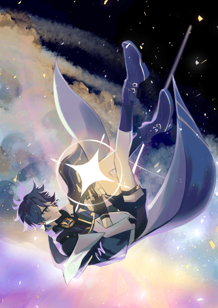 1boy, absurdres, black_footwear, black_gloves, black_hair, black_socks, bright_pupils, charlotte_am, clouds, elsword, fingerless_gloves, floating, galaxy, gloves, highres, light_particles, noah_ebalon, smile, socks, solo, star_(symbol), stellar_caster_(elsword)