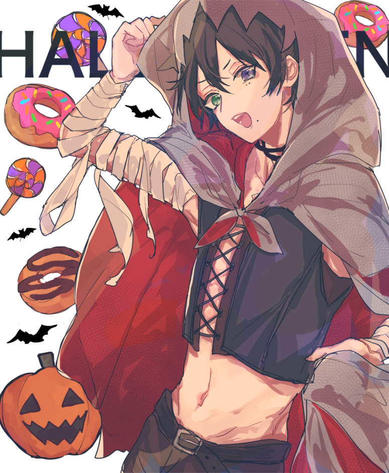 0721786, 1boy, :d, alternate_costume, bandages, black_hair, black_shirt, candy