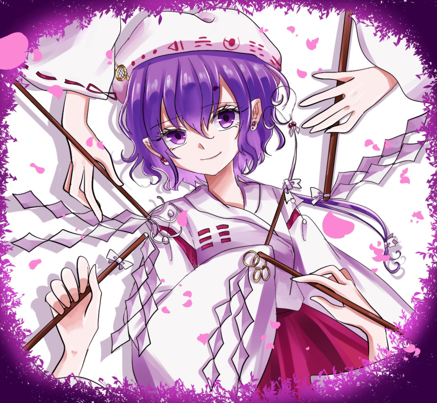 5girls, breasts, detached_sleeves, earrings, eyelashes, fuwafurin, gohei, hakama