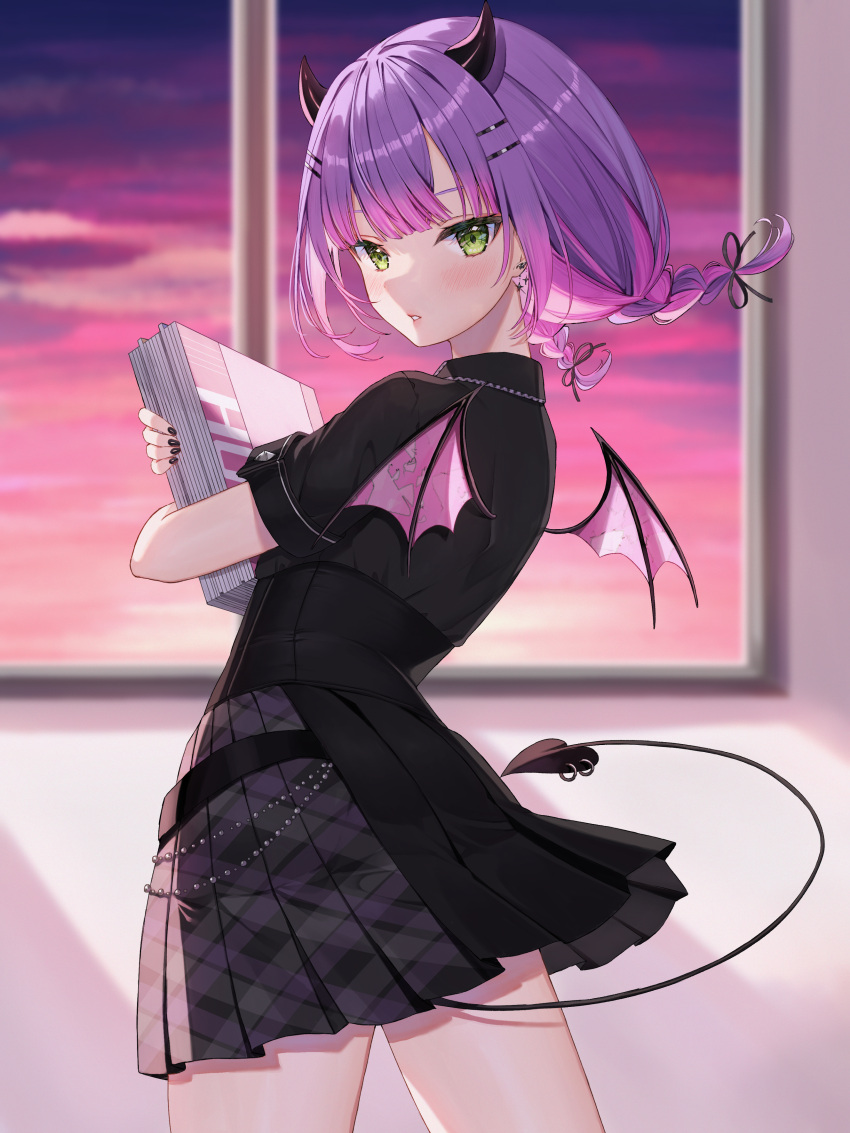 1girl, absurdres, belt, black_belt, black_nails, black_shirt, black_skirt, blunt_bangs, blurry, blurry_background, blush, book, braid, commentary, corset, cowboy_shot, crossed_arms, demon_girl, demon_horns, demon_tail, earrings, expressionless, from_side, green_eyes, hair_ornament, hairclip, highres, holding, holding_book, hololive, horns, indoors, jewelry, looking_back, medium_hair, miniskirt, multicolored_hair, nail_polish, official_alternate_costume, parted_lips, piercing, pink_hair, plaid, plaid_skirt, pleated_skirt, purple_hair, purple_sky, runlan_0329, shirt, shirt_tucked_in, short_sleeves, skirt, sky, solo, standing, tail, tail_ornament, tail_piercing, tokoyami_towa_(4th_costume), twin_braids, twintails, two-tone_hair, virtual_youtuber, window