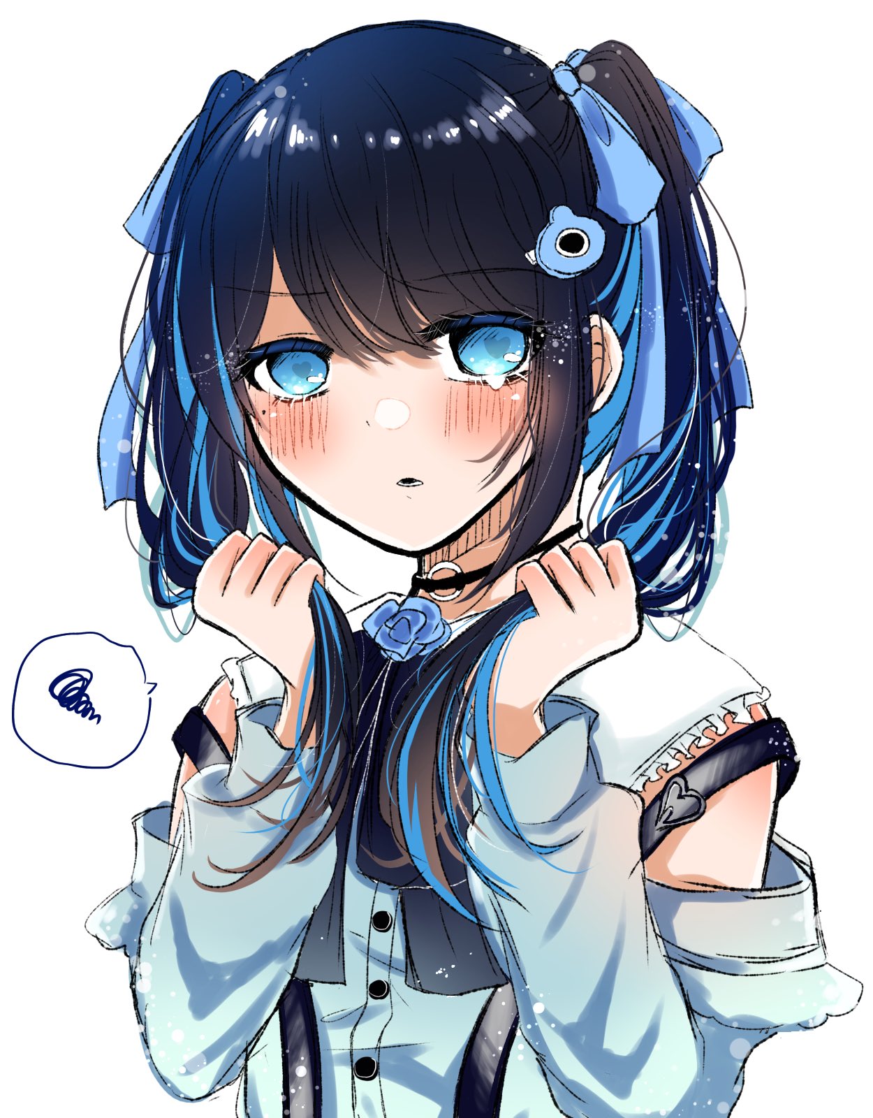 1girl, ado_(singer), black_choker, black_hair, blue_eyes, blue_hair, blue_ribbon, blue_shirt, choker, clothing_cutout, commentary_request, darling_dance_(vocaloid), frills, hair_between_eyes, hair_ornament, hair_ribbon, heart, heart-shaped_pupils, highres, jirai_kei, light_particles, long_hair, long_sleeves, looking_at_viewer, multicolored_hair, niconico, o-ring, o-ring_choker, parted_lips, puffy_sleeves, ribbon, shirt, shoko_(gs_music11), shoulder_cutout, simple_background, solo, spoken_squiggle, squiggle, streaked_hair, swept_bangs, symbol-shaped_pupils, tearing_up, twintails, upper_body, utaite_(singer), white_background