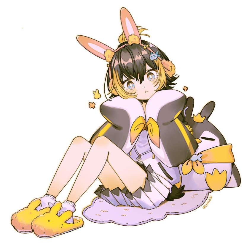 :<, animal_ears, animal_slippers, blonde_hair, blue_eyes, blush, brown_hair, bunny_slippers