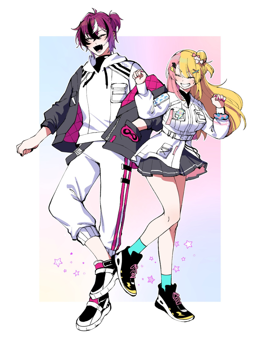 1boy, 1girl, absurdres, black_hair, blonde_hair, blue_socks, closed_eyes, commentary, doppio_dropscythe, full_body, grey_skirt, grin, hair_bun, hair_ornament, half_updo, highres, hood, hoodie, jacket, kaco0001, kotoka_torahime, lightning_bolt_hair_ornament, lightning_bolt_symbol, long_hair, multicolored_hair, nijisanji, nijisanji_en, open_clothes, open_jacket, pants, pink_hair, pleated_skirt, purple_hair, red_nails, scrunchie, shoes, skirt, smile, sneakers, socks, split-color_hair, streaked_hair, symbol-only_commentary, two-tone_hair, virtual_youtuber, white_hair, white_hoodie, white_pants, wrist_scrunchie, x_hair_ornament
