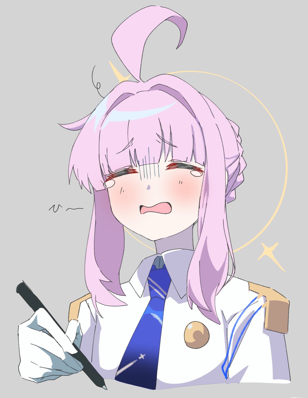 1girl, ahoge, blue_archive, blue_necktie, braid, braided_bun, closed_eyes, collared_shirt, gloves, hair_bun, halo, highres, holding, holding_pen, huge_ahoge, kaya_(blue_archive), kirigakure_(user_yvtj2773), necktie, open_mouth, pen, pink_hair, shirt, single_hair_bun, solo, tearing_up, white_gloves, white_shirt