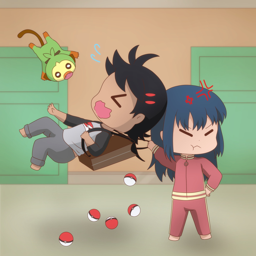 absurdres, angry, backpack, bag, barefoot, black_hair, blue_hair, chibi, commission, commissioner_upload, goh_(pokemon), grookey, hallway, highres, hikari_(pokemon), pajamas, pink_pajamas, poke_ball, pokemon, pokemon_(anime), pokemon_journeys, rinalice_chan, track_suit