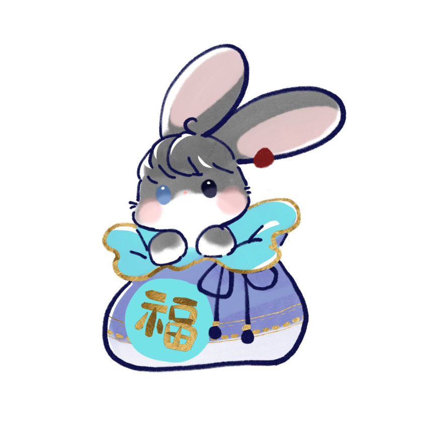 animal, animal_focus, animalization, bag, black_eyes, blue_eyes, blush, bokjumeoni, commentary_request, eoduun_badaui_deungbul-i_doeeo, hamkuku_sea, highres, in_bag, in_container, korean_commentary, looking_at_viewer, no_humans, no_mouth, park_moo-hyun, rabbit, simple_background, white_background