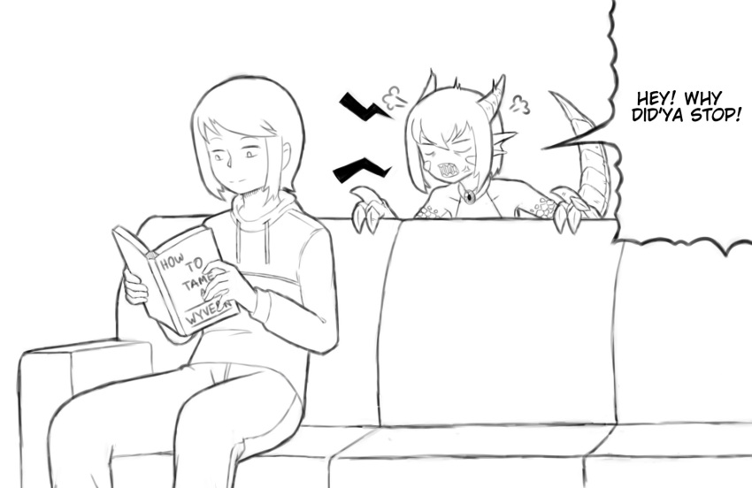 1girl, angry, book, claws, couch, dragon, dragon_girl, dragon_horns