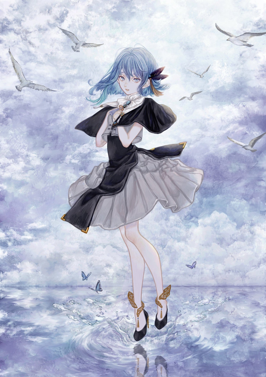 1girl, anklet, bird, bird_request, black_capelet, black_tabard, blue_eyes, blue_hair