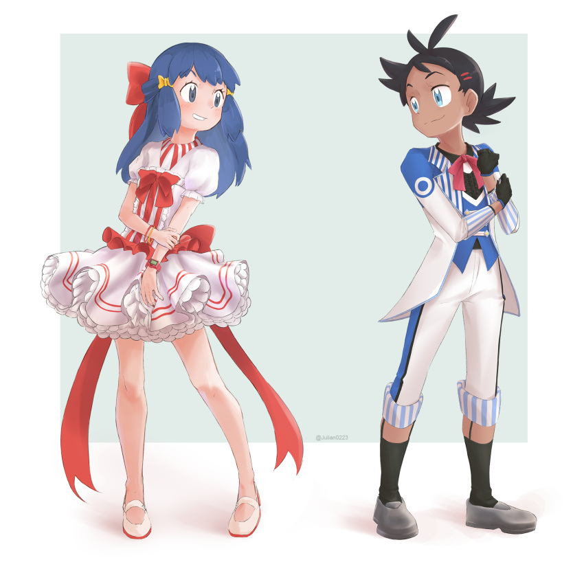 1boy, 1girl, black_gloves, black_hair, blue_eyes, blue_hair, bow, bowtie, commentary, commission, dress, frilled_dress, frills, gloves, goh_(pokemon), highres, hikari_(pokemon), julian0223, pokemon, pokemon_(anime), pokemon_(game), pokemon_bdsp, pokemon_journeys, red_bow, red_bowtie, red_ribbon, ribbon