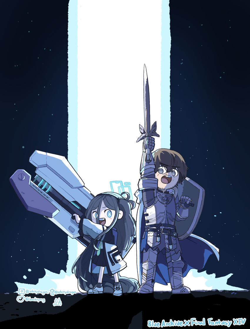 1boy, 1girl, absurdres, aris_(blue_archive), armor, black_hair, blue_archive, brown_hair