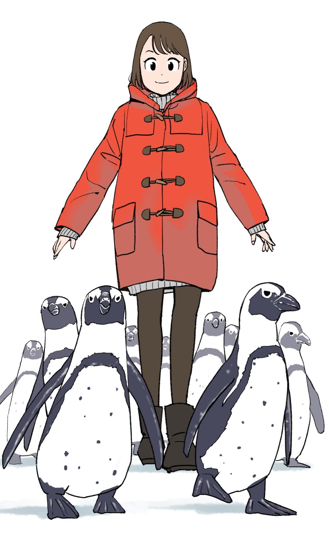 1girl, amano_saku, animal, asymmetrical_bangs, bird, black_footwear, black_hair, black_pantyhose