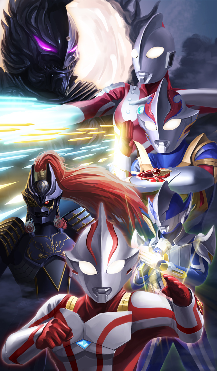 glowing, glowing_eyes, highres, hokuto_shinken, hunter_knight_tsurugi, monster, ultra_series, ultraman, ultraman_hikari, ultraman_mebius, ultraman_mebius_(series), zamshaa, zoffy_(ultra_series)