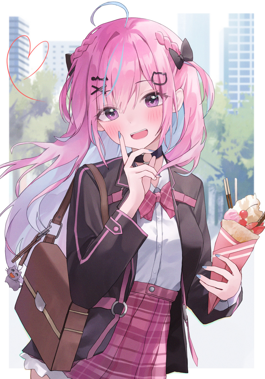 1girl, absurdres, ahoge, bag, black_choker, black_jacket, blazer, blue_hair
