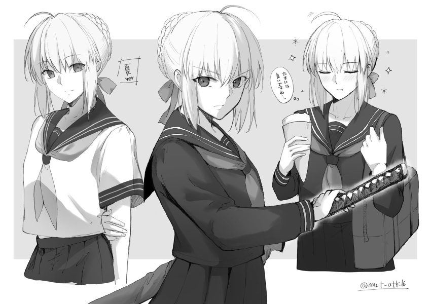 1girl, ahoge, artoria_pendragon_(fate), bag, blazer, braid, braided_bun, crepe