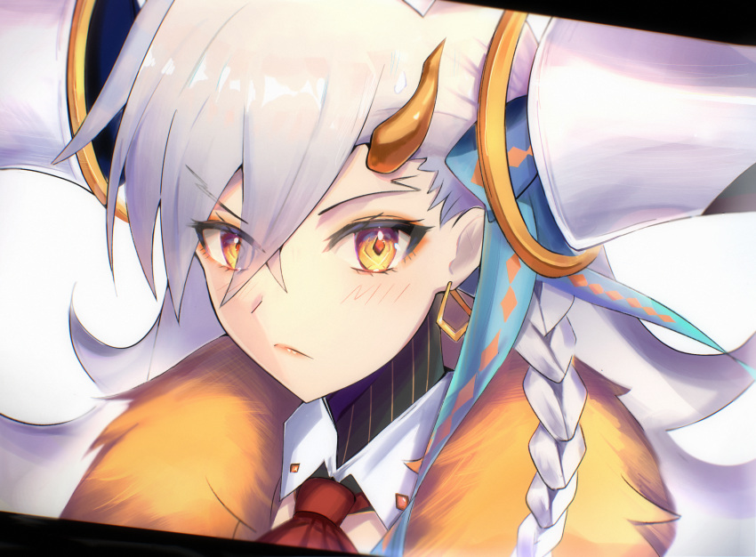 1girl, ascot, blue_ribbon, blush, braid, closed_mouth, commentary, crossed_bangs, earrings, fate/grand_order, fate_(series), fur_trim, hair_between_eyes, hair_ornament, hair_ribbon, highres, horns, jewelry, long_hair, looking_at_viewer, olga_marie_animusphere, pink_lips, red_ascot, ribbon, shoyumagi, side_braid, simple_background, single_horn, solo, symbol-shaped_pupils, u-olga_marie, upper_body, white_background, white_hair, yellow_eyes, yellow_horns