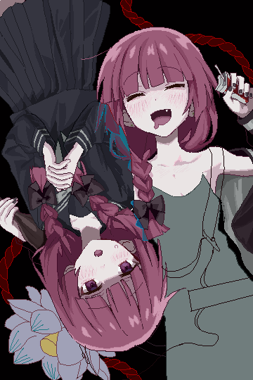 2girls, alcohol_carton, bare_shoulders, black_background, black_bow, black_serafuku, blush, bocchi_the_rock!