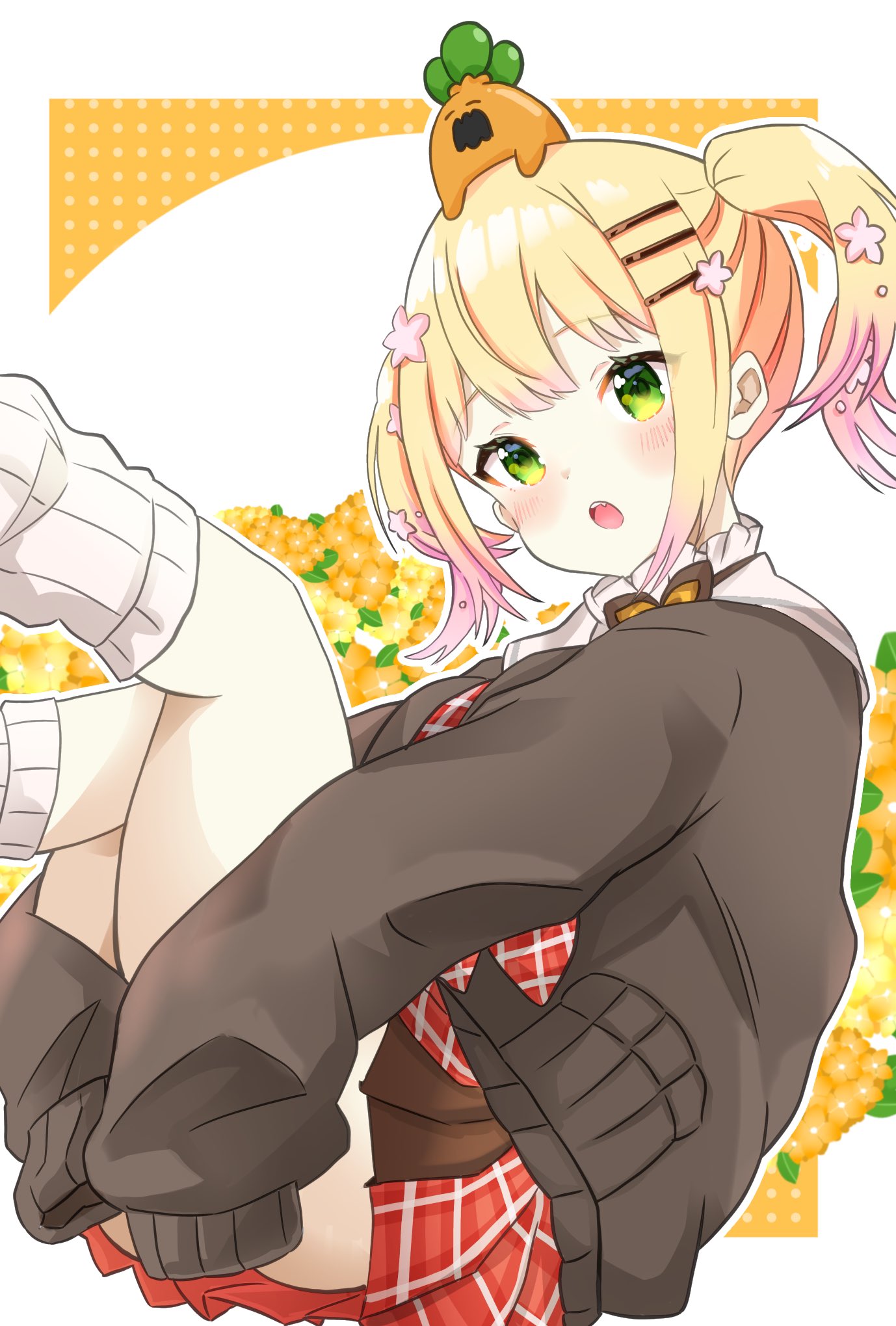 1girl, blonde_hair, blush, brown_cardigan, cardigan, creature_on_head, flower, frilled_shirt_collar