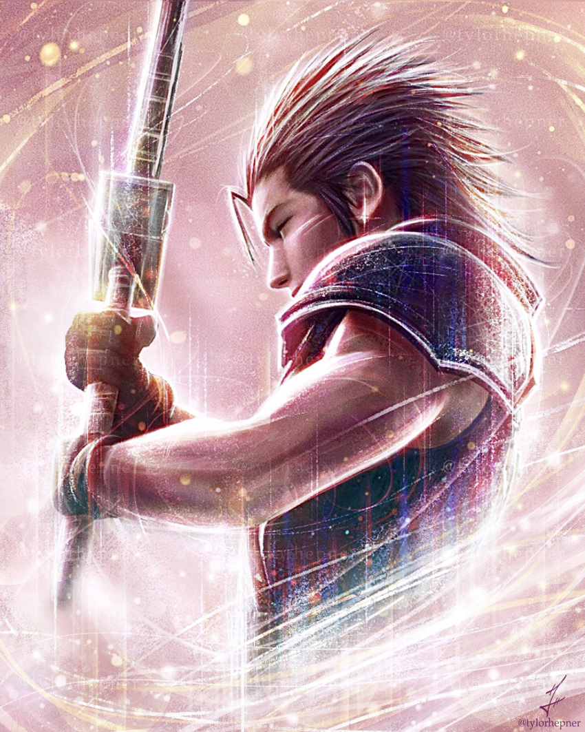 1boy, absurdres, armor, black_gloves, black_hair, buster_sword, closed_eyes, commentary, crisis_core_final_fantasy_vii, earrings, english_commentary, final_fantasy, final_fantasy_vii, final_fantasy_vii_remake, from_side, glint, gloves, hair_pulled_back, hands_up, highres, holding, holding_sword, holding_weapon, instagram_username, jewelry, light_particles, male_focus, profile, realistic, ribbed_sweater, shoulder_armor, signature, sleeveless, sleeveless_turtleneck, solo, spiky_hair, stud_earrings, suspenders, sweater, sword, turtleneck, turtleneck_sweater, tylor_hepner, upper_body, weapon, zack_fair