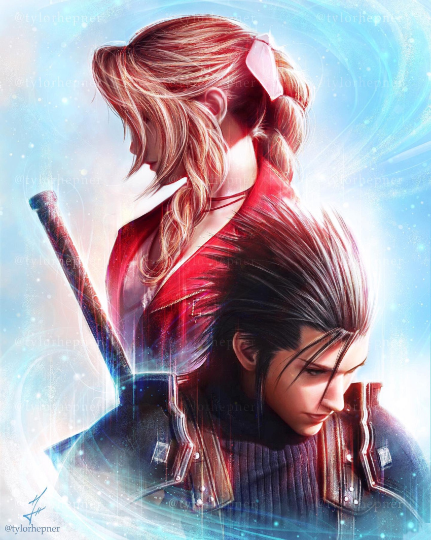 1boy, 1girl, aerith_gainsborough, armor, black_hair, blue_eyes, braid, braided_ponytail, brown_hair, buster_sword, choker, closed_mouth, commentary, crisis_core_final_fantasy_vii, dress, english_commentary, final_fantasy, final_fantasy_vii, final_fantasy_vii_remake, hair_pulled_back, hair_ribbon, highres, jacket, light_particles, long_hair, looking_to_the_side, pink_dress, pink_ribbon, profile, realistic, red_jacket, ribbed_sweater, ribbon, shoulder_armor, sidelocks, signature, sleeveless, sleeveless_turtleneck, spiky_hair, sweater, sword, sword_on_back, turtleneck, turtleneck_sweater, tylor_hepner, upper_body, weapon, weapon_on_back, zack_fair