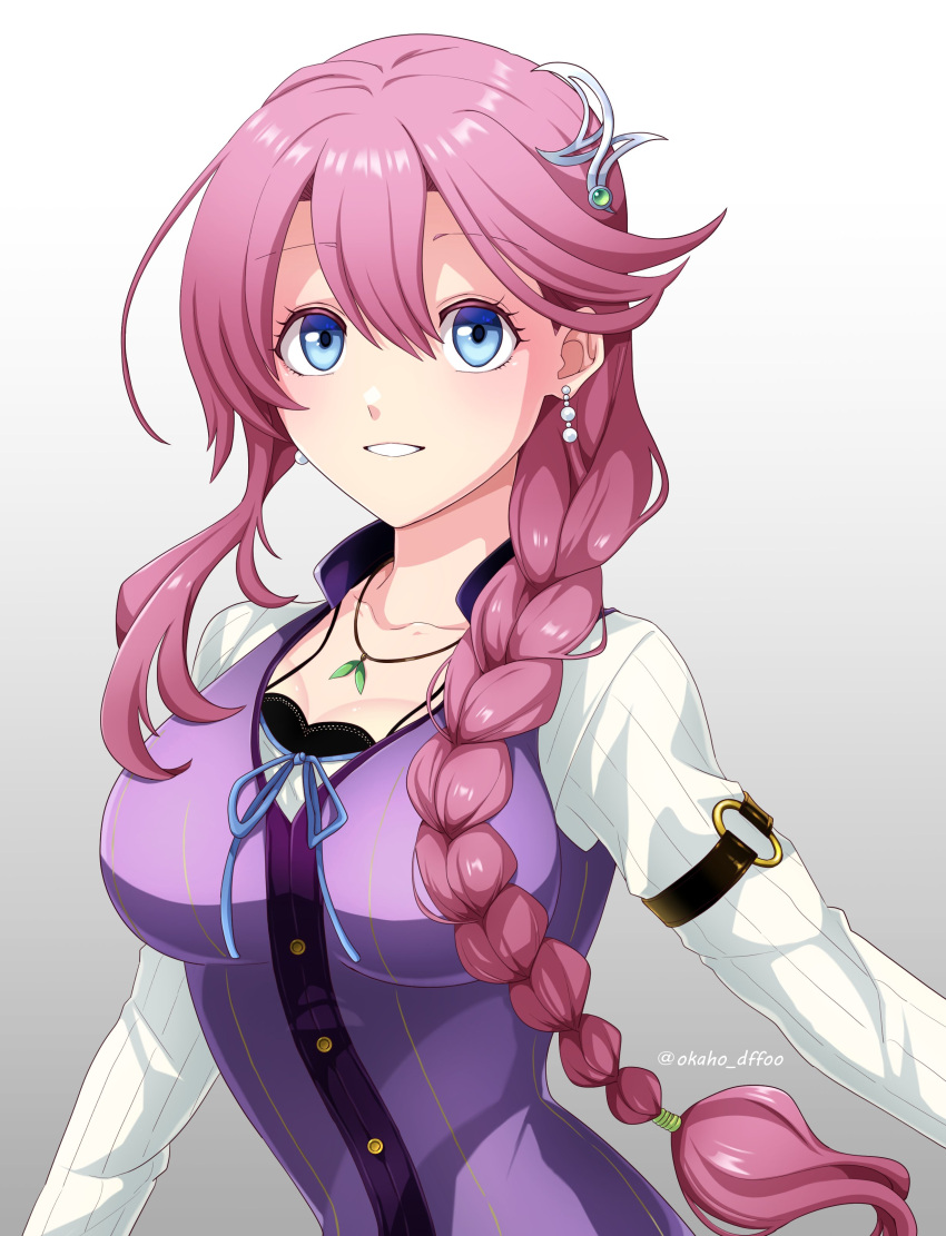 1girl, absurdres, akaho_(choco_daisuki), blue_eyes, braid, braided_ponytail, breasts, earrings