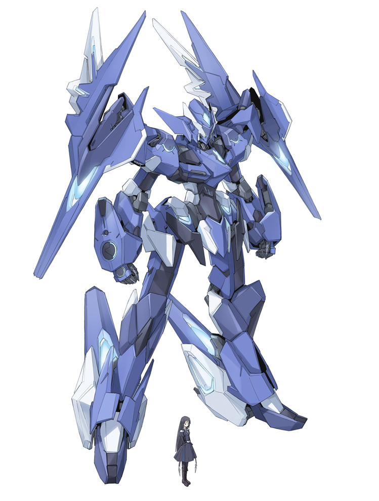 black_hair, dress, long_hair, mecha, original, simple_background, solo, tomo_(machinemess)