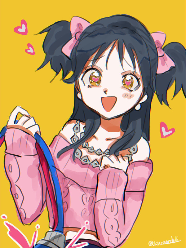 1girl, black_hair, bow, clothes, earrings, hair_bow, heart, jewelry, kurannchelly, minako_(vivinos), necklace, pink_bitch_club, simple_background, solo, wire, yellow_background, yellow_eyes