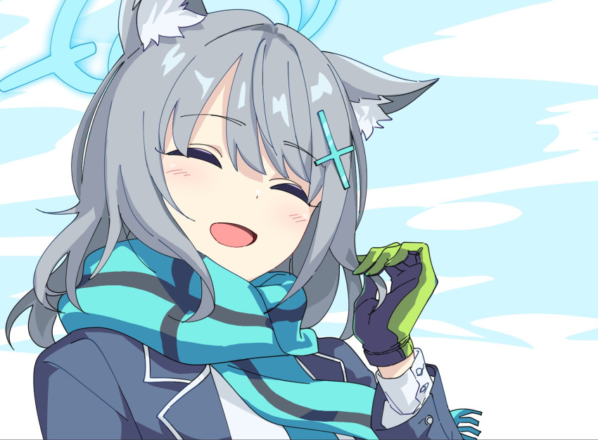 1girl, :d, ^_^, animal_ear_fluff, animal_ears, blazer, blue_archive, blue_necktie