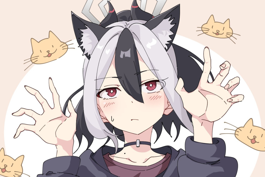 1girl, animal_ears, animal_print, black_choker, black_hair, black_sweater, blue_archive, blush