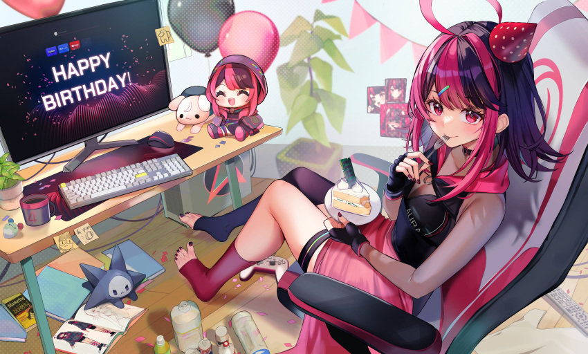 1girl, absurdres, ahoge, asymmetrical_legwear, balloon, black_choker, black_gloves, black_hair, black_shirt, black_thighhighs, bottle, cake, cake_slice, can, chair, character_doll, character_name, choker, commentary, controller, cup, desk, eating, english_commentary, fingerless_gloves, food, for_dummies, fork, game_controller, gaming_chair, gloves, gx_aura, hair_ornament, hairclip, happy_birthday, hat, highres, hood, hood_down, keyboard_(computer), long_hair, mat, monitor, mug, multicolored_hair, official_art, opera_gx, party_hat, pink_eyes, pink_hair, pink_socks, plant, plate, polka_dot_headwear, red_nails, remote_control, second-party_source, see-through, shirt, single_sock, single_thighhigh, sitting, socks, sticky_note, swivel_chair, thigh-highs, thigh_strap, utensil_in_mouth, virtual_youtuber, wooden_floor, yuniiho