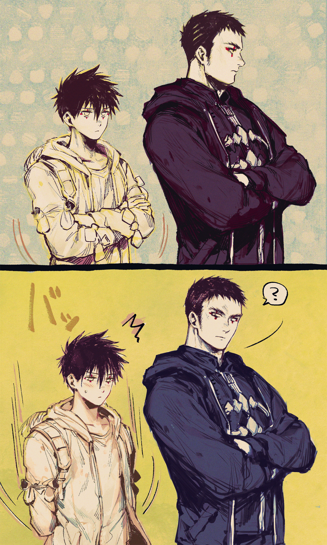 ?, black_hair, blue_hoodie, closed_mouth, dokuga, dorohedoro, eye_tattoo, highres