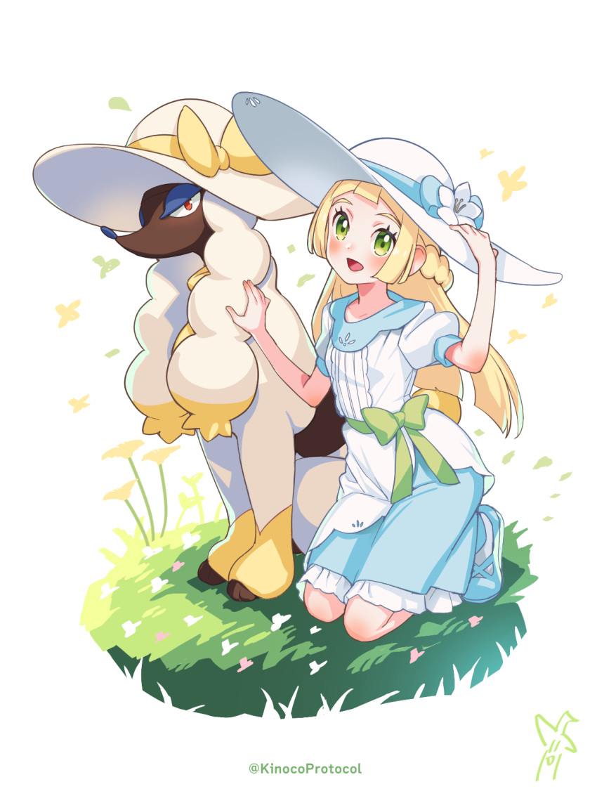 1girl, :d, blonde_hair, blue_footwear, blush, bow, braid, clothed_pokemon