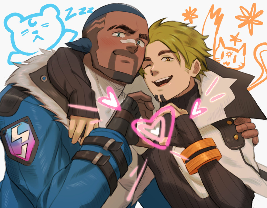 2boys, beard, black_hair, blonde_hair, blue_coat, blue_eyes, buzz_cut, character_request
