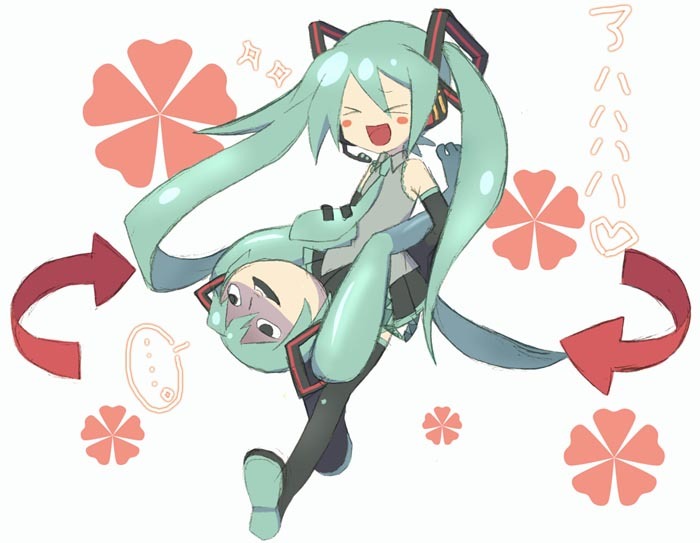 >_<, :d, aqua_eyes, aqua_hair, detached_sleeves, directional_arrow, gloom_(expression), hatsune_miku, headphones, headset, long_hair, necktie, open_mouth, shiteyan'yo, shiteyan'yo, skirt, smile, spinning, thigh-highs, thighhighs, twintails, very_long_hair, vocaloid, xd, yokoru