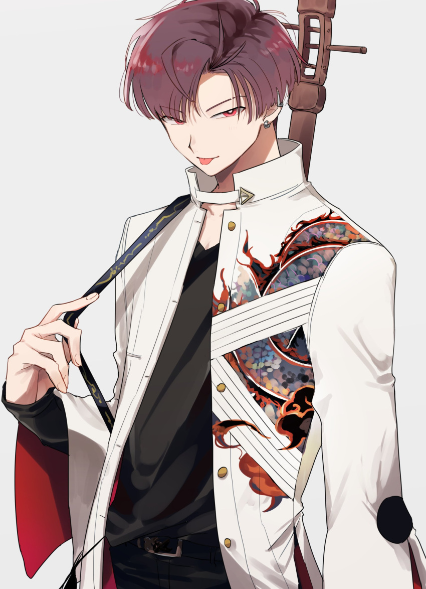1boy, :p, absurdres, arm_at_side, belt, black_belt, black_pants, black_shirt, buckle, buttons, collarbone, collared_jacket, cowboy_shot, earrings, fate/grand_order, fate_(series), highres, instrument_on_back, jacket, jewelry, long_sleeves, looking_at_viewer, male_focus, open_clothes, open_jacket, pants, parted_bangs, red_eyes, redhead, shirt, short_hair, solo, takasugi_shinsaku_(fate), takasugi_shinsaku_(first_ascension)_(fate), tongue, tongue_out, white_jacket, yuu_2111