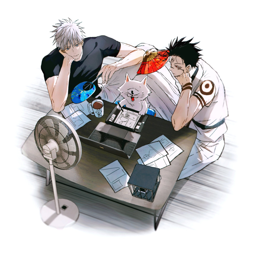 2boys, absurdres, akutami_gege_(avatar), black_hair, black_shirt, blue_eyes, cat, coffee, cup, dmsco1803, drawing, drawing_tablet, fushiguro_megumi, gojou_satoru, hand_fan, highres, holding, holding_fan, jujutsu_kaisen, male_focus, mug, multiple_boys, on_floor, one-eyed, paper, red_eyes, robe, ryoumen_sukuna_(jujutsu_kaisen), shirt, sitting, sweatdrop, table, ventilation_fan, white_robe, wooden_floor