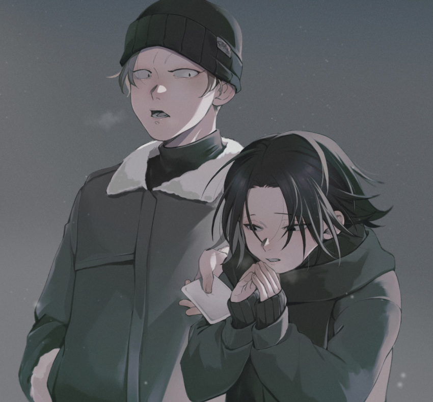 ._., 2boys, alternate_costume, beanie, black_hair, brown_hair, feitan_portor, hand_in_pocket, hat, hunter_x_hunter, jacket, male_focus, multiple_boys, no_eyebrows, nora_gates, outdoors, phinks_magcub, scarf, tissue, upper_body, warming_hands, winter_clothes