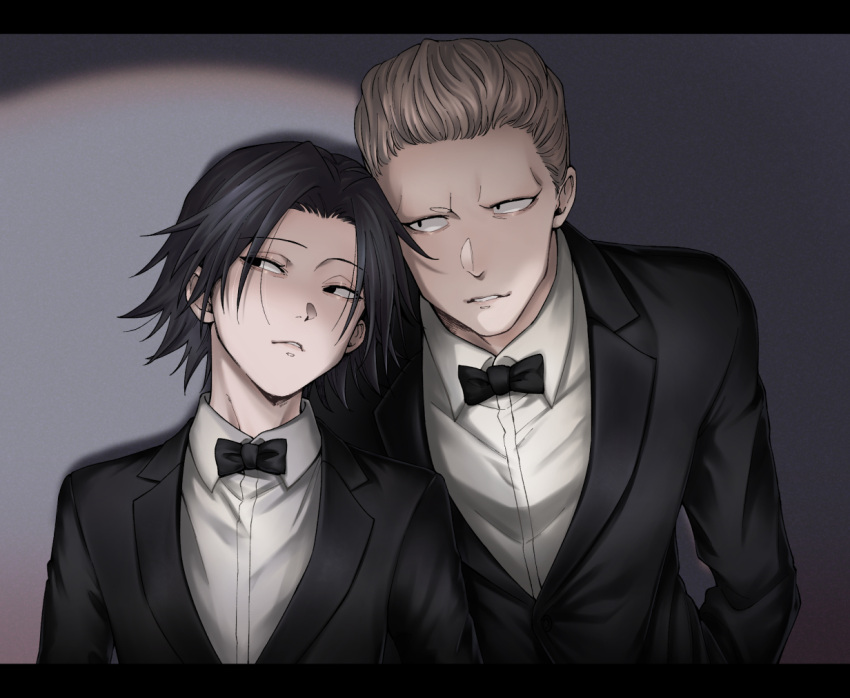 ._., 2boys, alternate_costume, black_eyes, black_hair, bow, bowtie, brown_hair