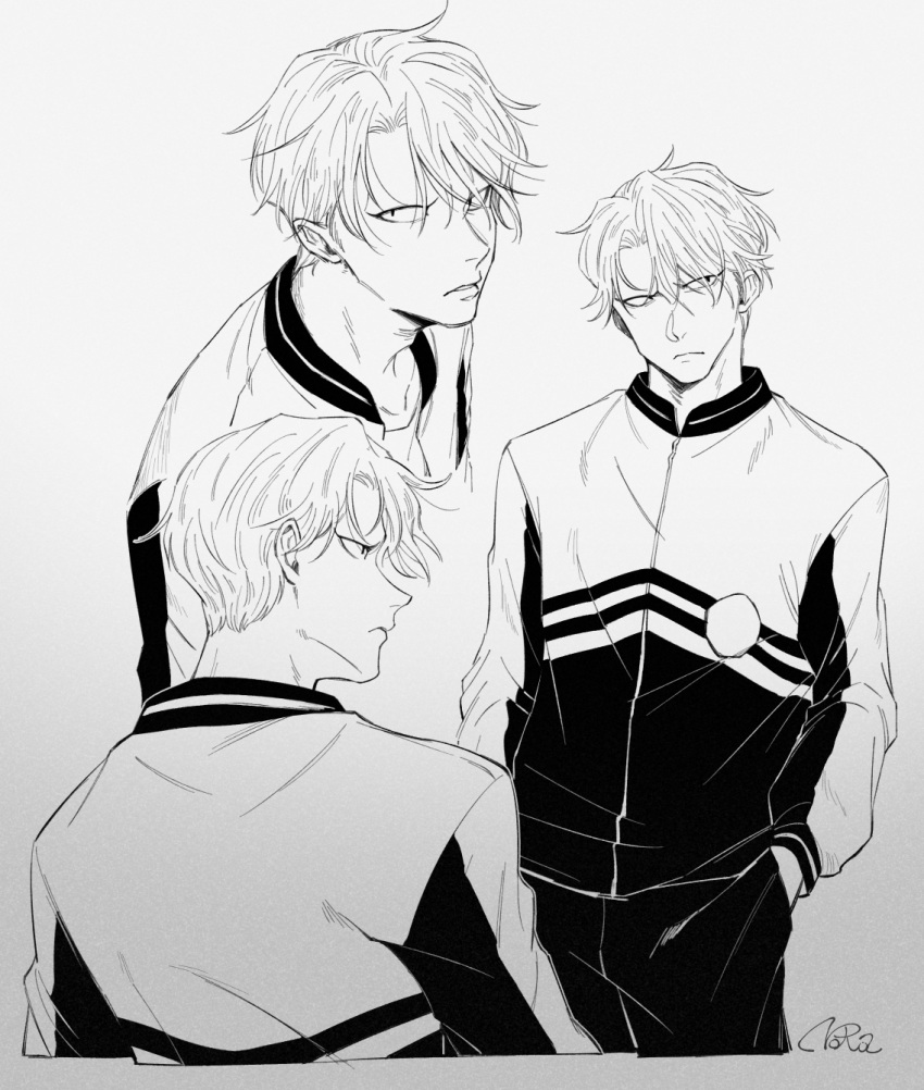 ._., 1boy, collage, commentary_request, glaring, hair_down, hands_in_pockets, highres