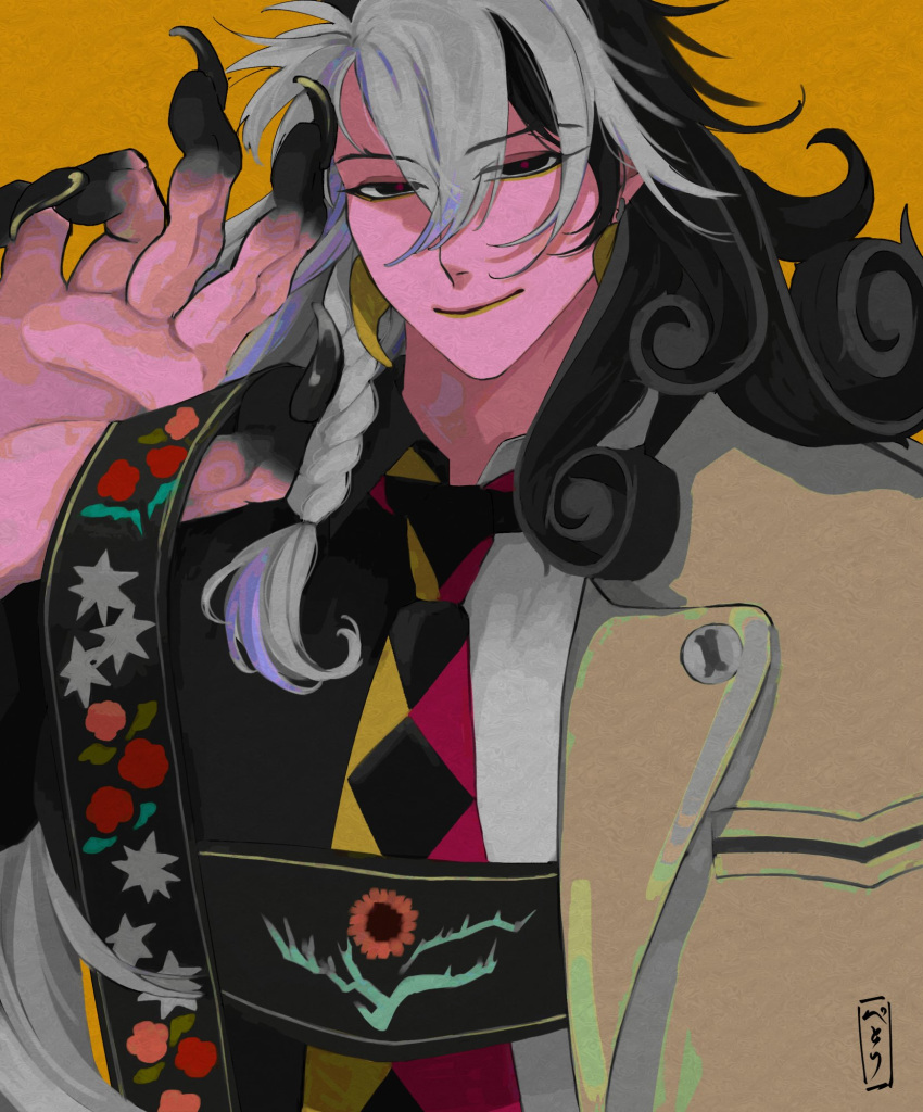 1boy, ashiya_douman_(fate), asymmetrical_hair, black_eyes, black_hair, black_skin, braid, colored_skin, curly_hair, earrings, evil_smile, eyes_visible_through_hair, eyeshadow, fate/grand_order, fate_(series), fingernails, gradient_skin, green_eyeshadow, green_lips, green_nails, hair_between_eyes, hair_intakes, highres, jewelry, large_hands, long_hair, looking_at_viewer, magatama, magatama_earrings, makeup, male_focus, multicolored_hair, official_alternate_costume, petori1902, red_pupils, sharp_fingernails, single_braid, smile, solo, two-tone_hair, upper_body, very_long_fingernails, very_long_hair, white_hair