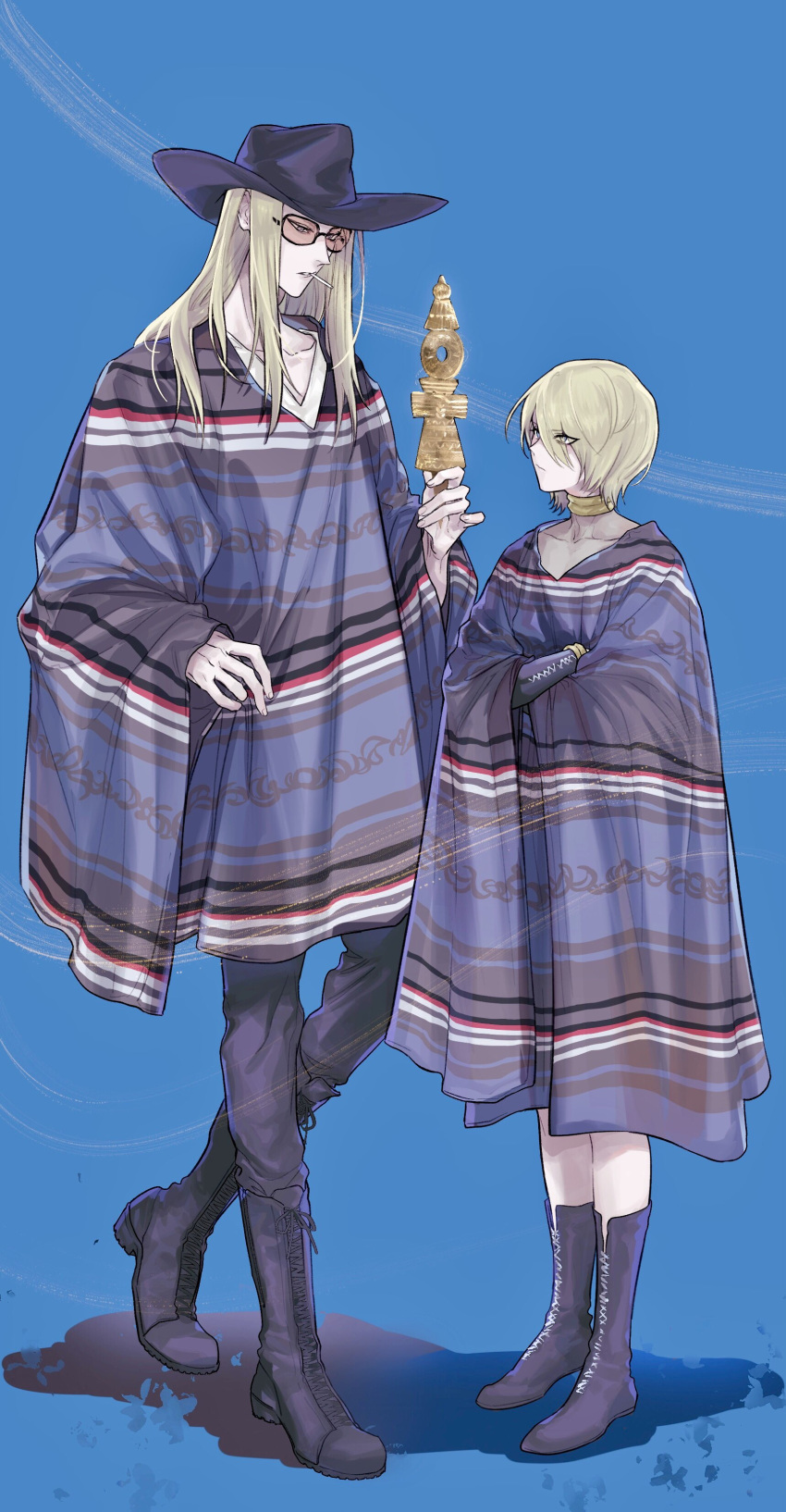 2boys, absurdres, aged_down, black_footwear, black_pants, blonde_hair, blue_background, bracelet, cigarette, collarbone, cowboy_hat, fate/grand_order, fate_(series), full_body, gold_necklace, hat, highres, jewelry, long_hair, looking_at_another, male_focus, multiple_boys, necklace, official_alternate_costume, orange-tinted_eyewear, pants, poncho, short_hair, simple_background, sunglasses, tezcatlipoca_(fate), tezcatlipoca_(young)_(fate), tinted_eyewear, washblackmud